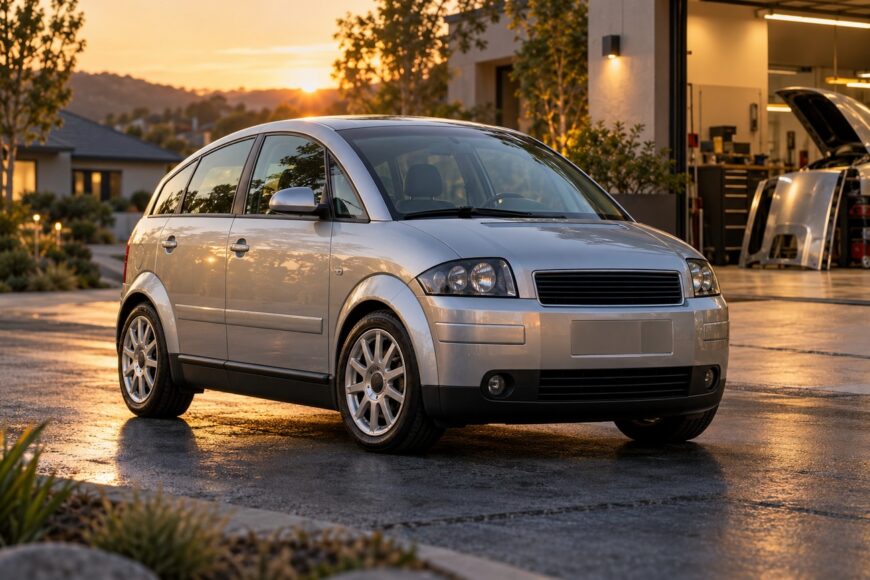 Silver Audi A2 hatchback with aluminum body parked on a driveway during golden sunset light