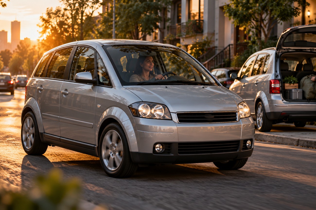 A silver Audi A2 compact car driving on a city street during sunset with a female driver