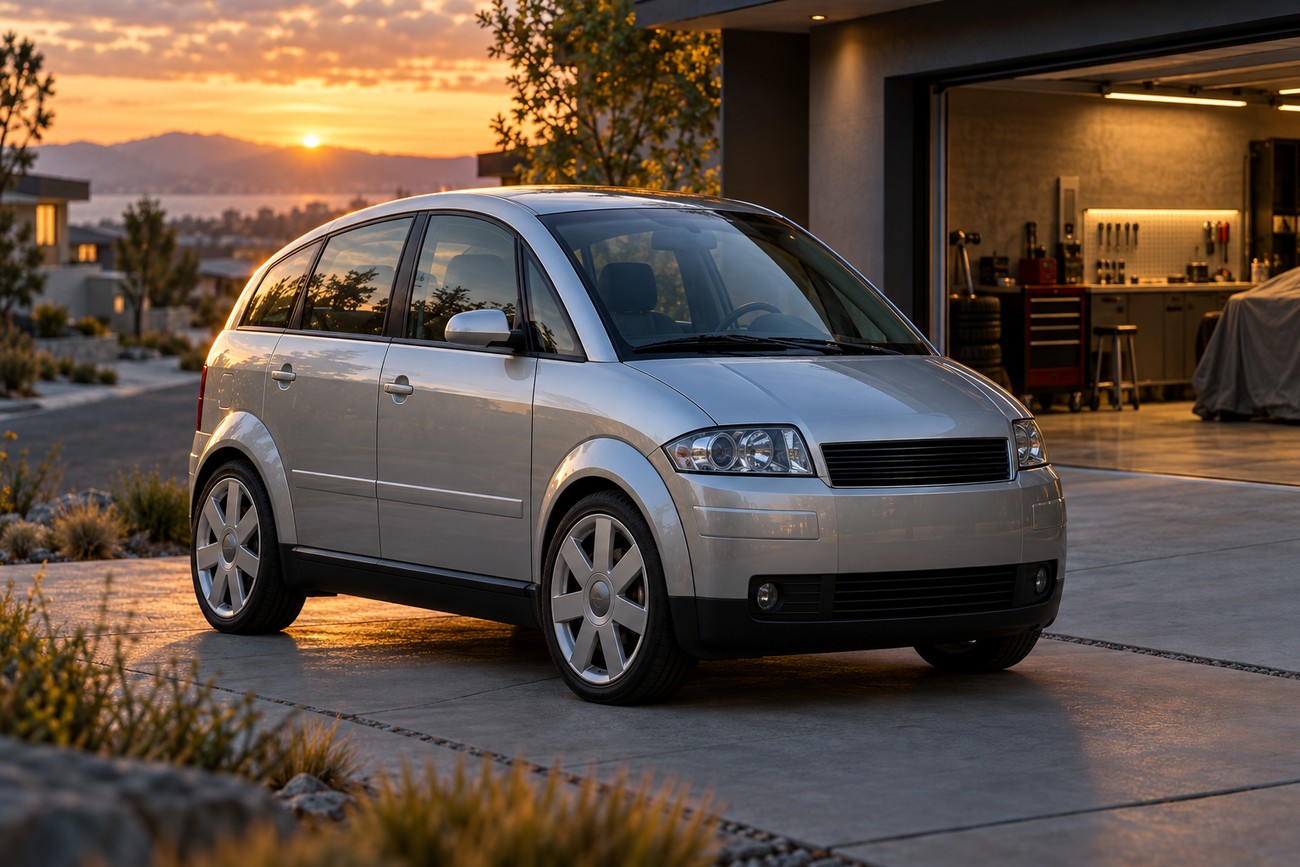 Silver Audi A2 compact hatchback with lightweight aluminum body parked on a concrete driveway outside a garage at sunset