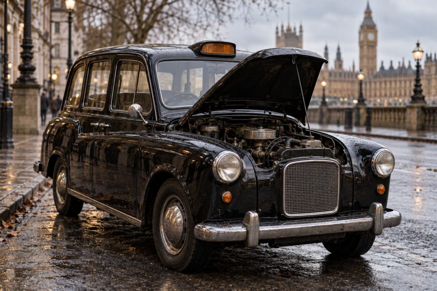 Classic black Austin FX4 London black cab parked on a wet street with the hood open in front of the Houses of Parliament