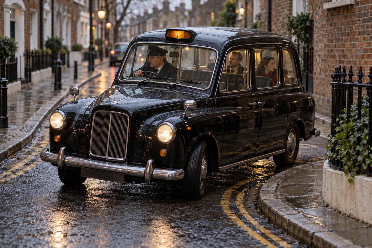 A classic black Austin FX4 London taxi drives slowly down a wet historic street with passengers in the back