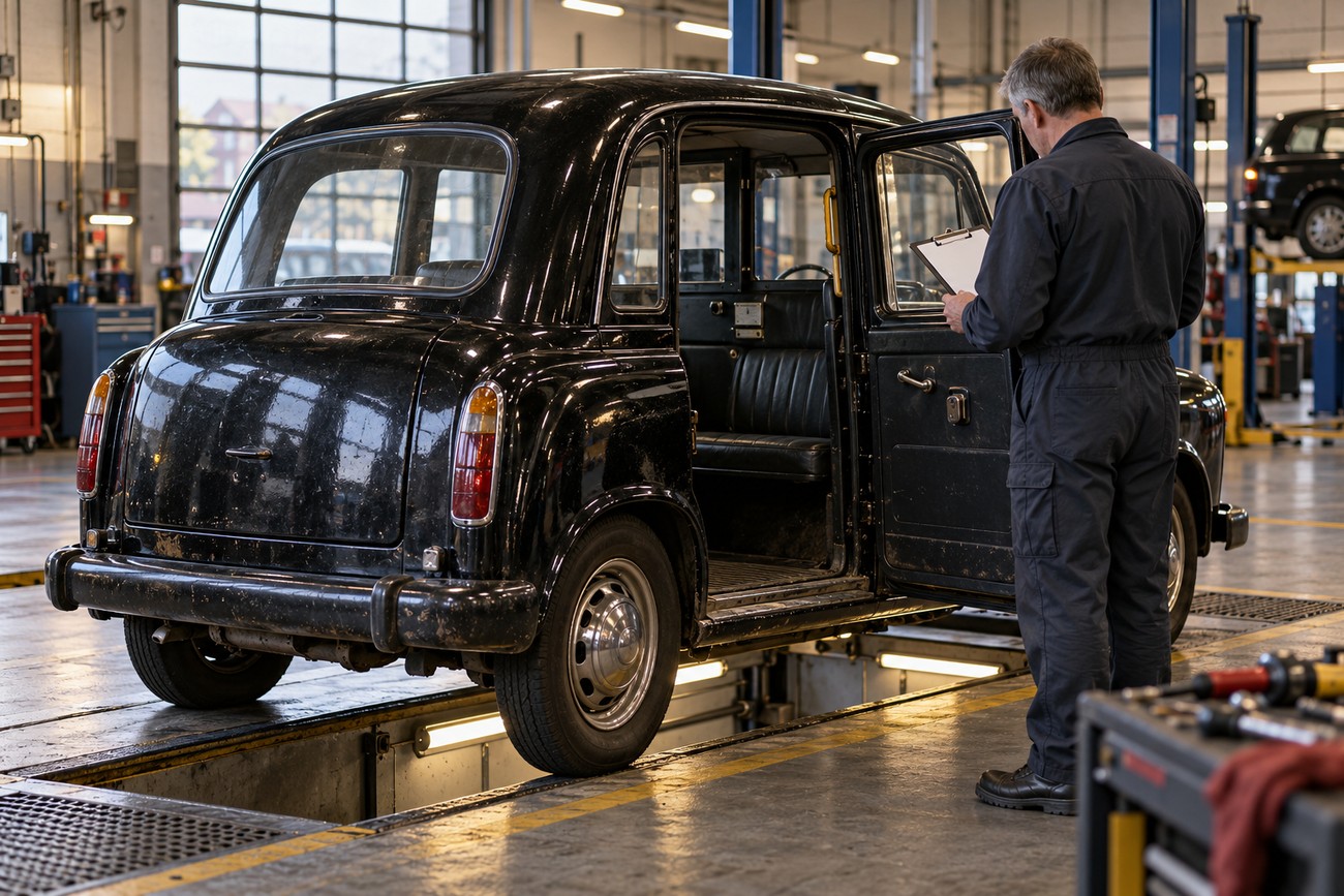 Mechanic holding a clipboard and inspecting a classic black Austin FX4 London taxi lifted in a repair garage