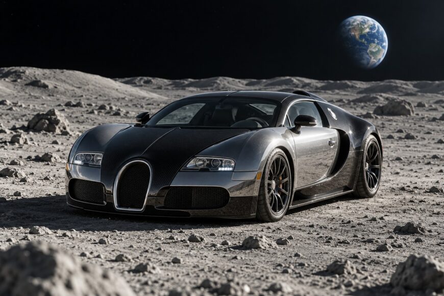 A black Bugatti Veyron supercar parked on the dusty lunar surface with the planet Earth hanging in the dark sky