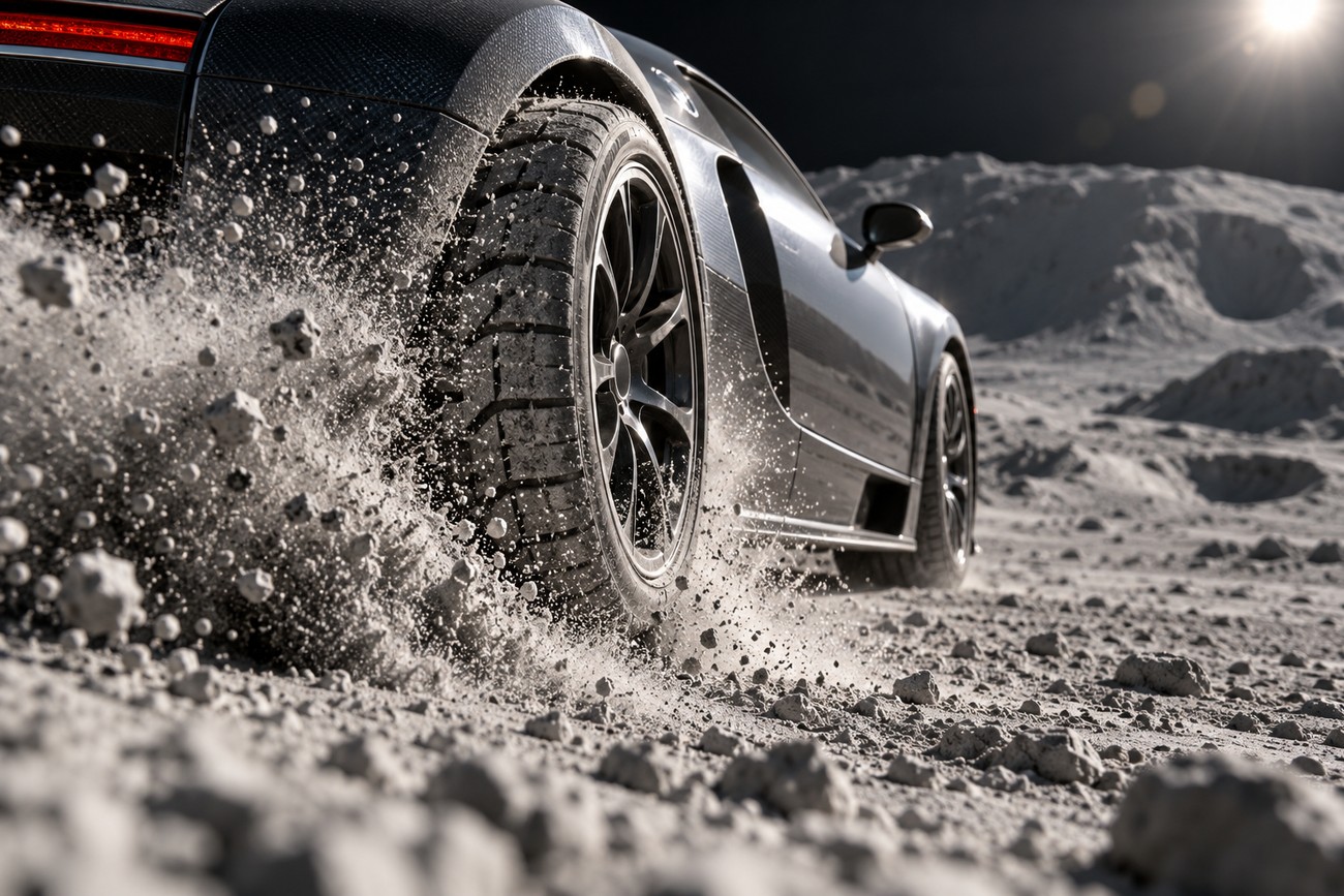 A Bugatti Veyron accelerating on the Moon surface and kicking up lunar dust with its tires