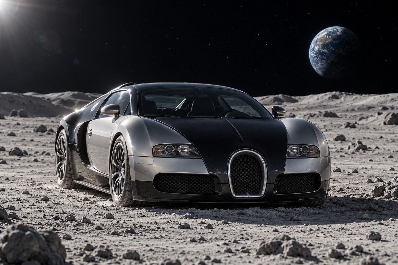 A black and silver Bugatti Veyron parked on the dusty lunar surface with Earth shining in the starry space background