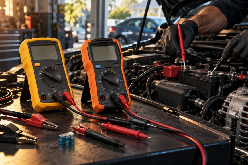 A mechanic in black gloves testing a car battery with multimeter probes while two multimeters stand on a workbench