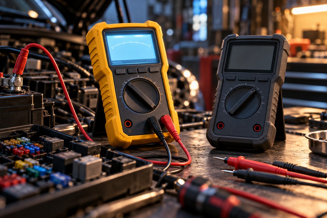 A yellow multimeter and a dark multimeter stand on a garage workbench with automotive fuses and test leads