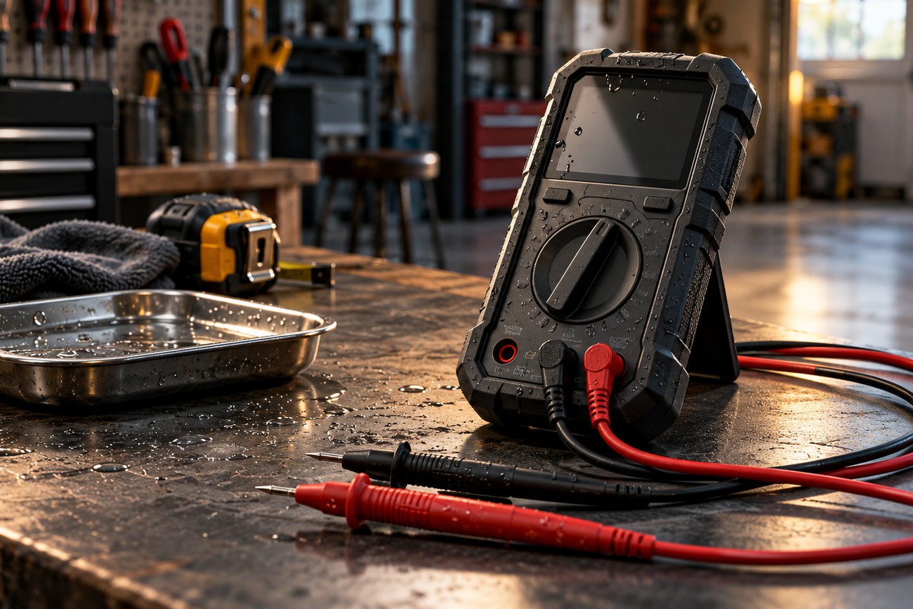 A rugged digital multimeter with connected red and black test leads standing on a wet workbench in an auto repair shop