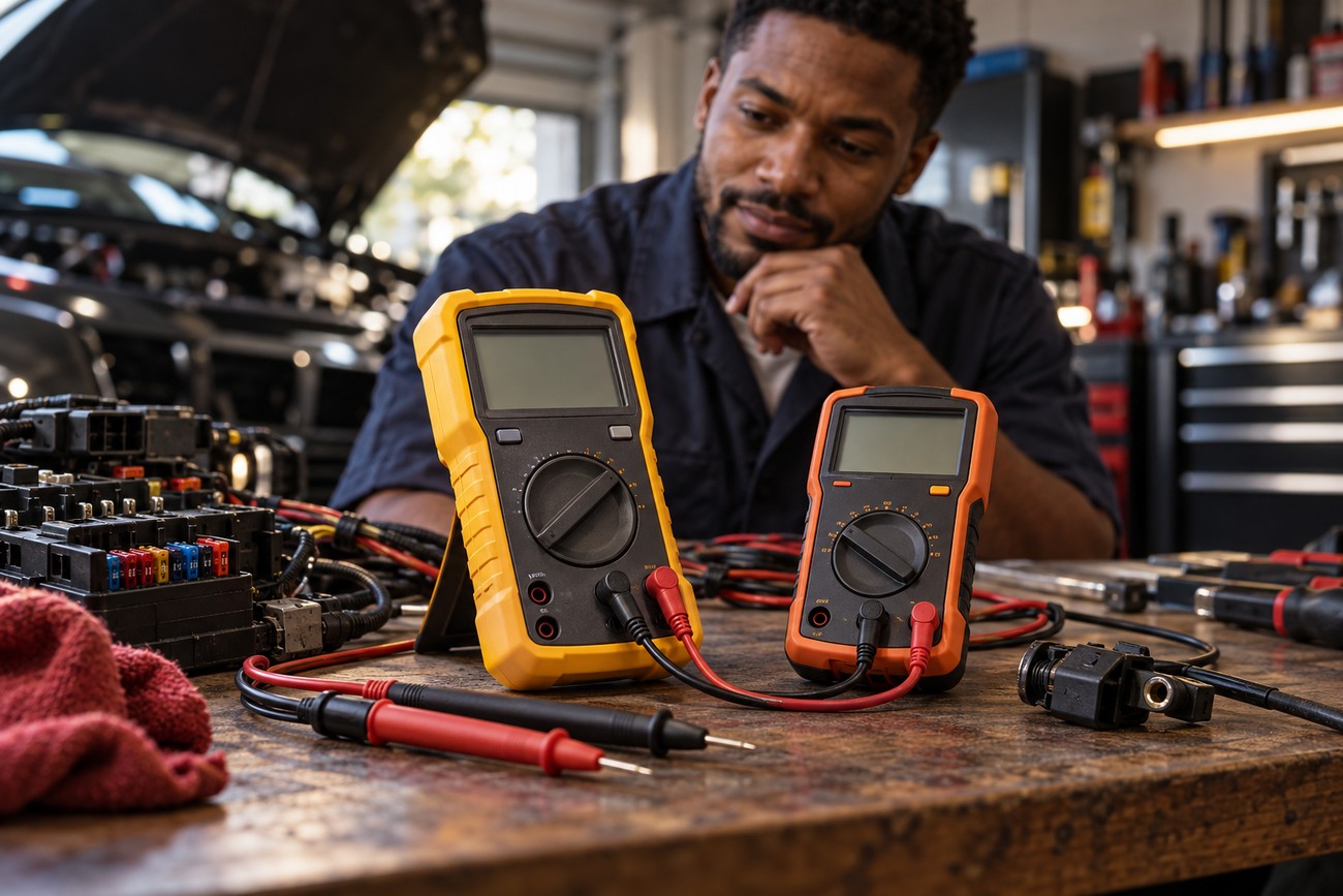 A mechanic in an auto repair shop comparing yellow Fluke and orange Klein multimeters on a workbench