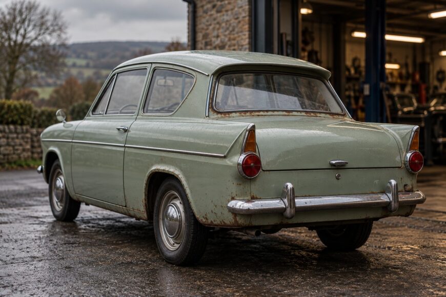 A vintage light green Ford Anglia 105E parked on wet ground outside a garage showing its signature reverse-rake rear window