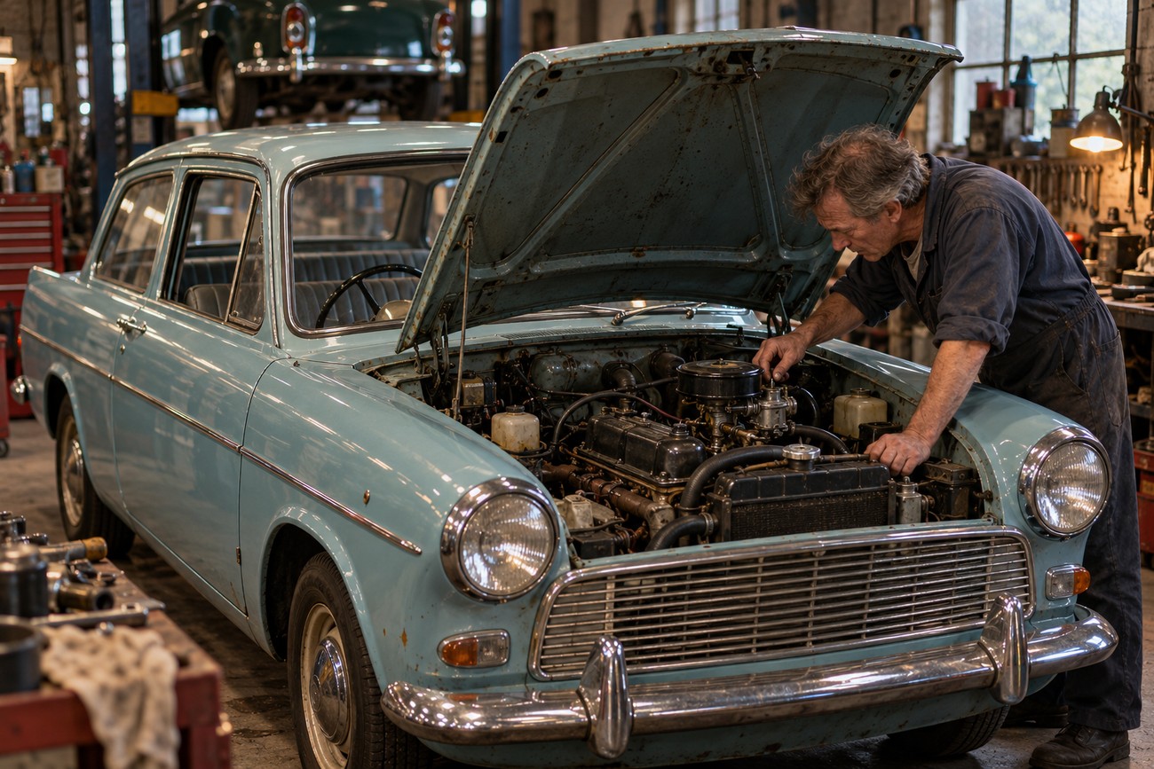 A mechanic in overalls inspecting the open engine bay of a classic light blue Ford Anglia 105E in a workshop