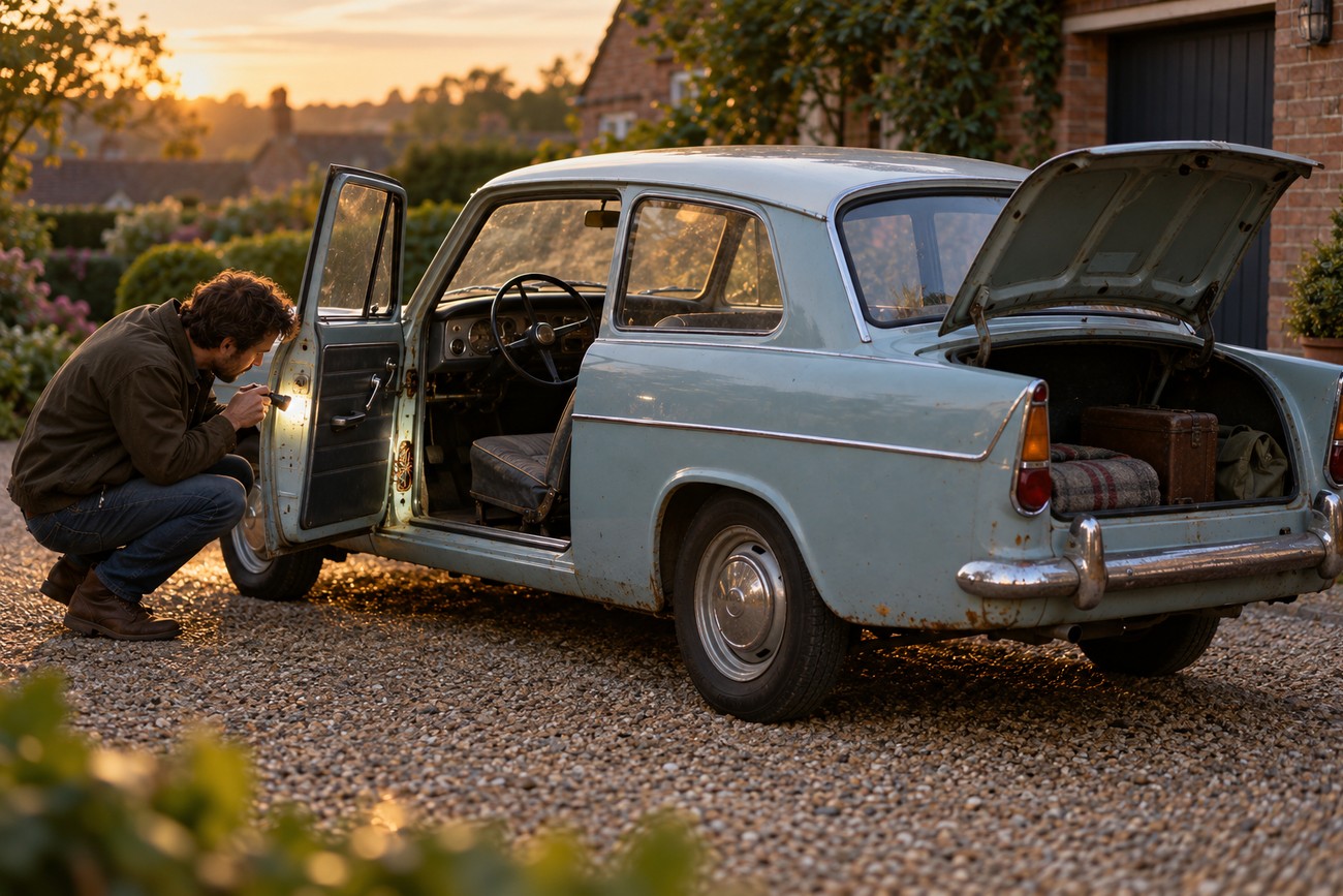 A man crouching next to a vintage light-blue Ford Anglia 105E and shining a flashlight on the open door frame