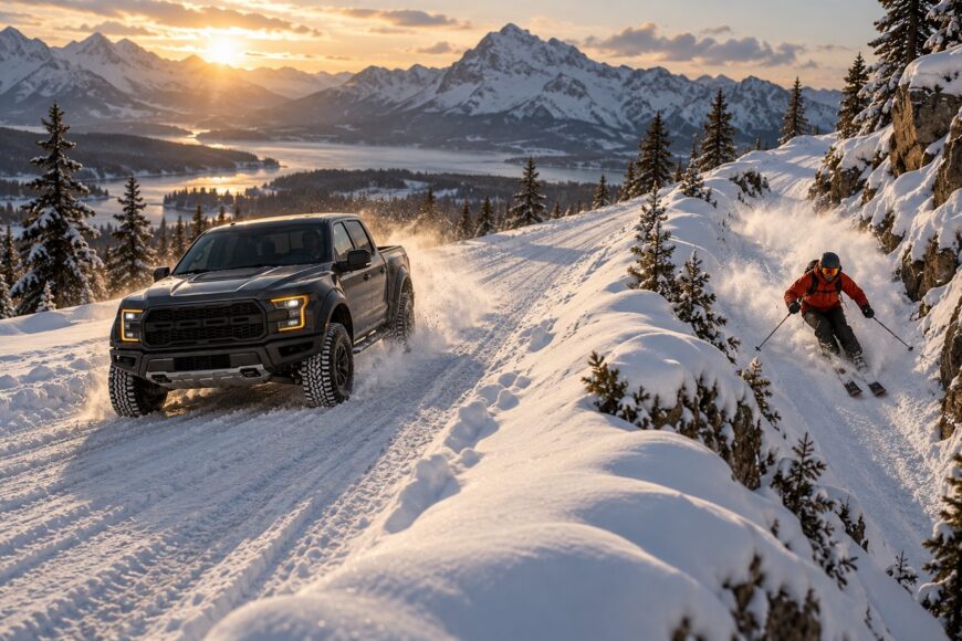 A black Ford F-150 Raptor driving down a snowy mountain road alongside a downhill skier in a red jacket during sunset