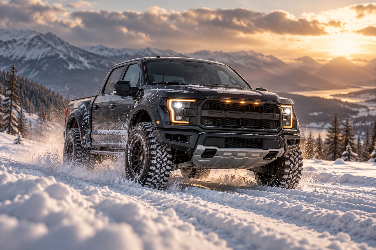 A black Ford F-150 Raptor driving aggressively through deep snow on a mountain slope during sunset