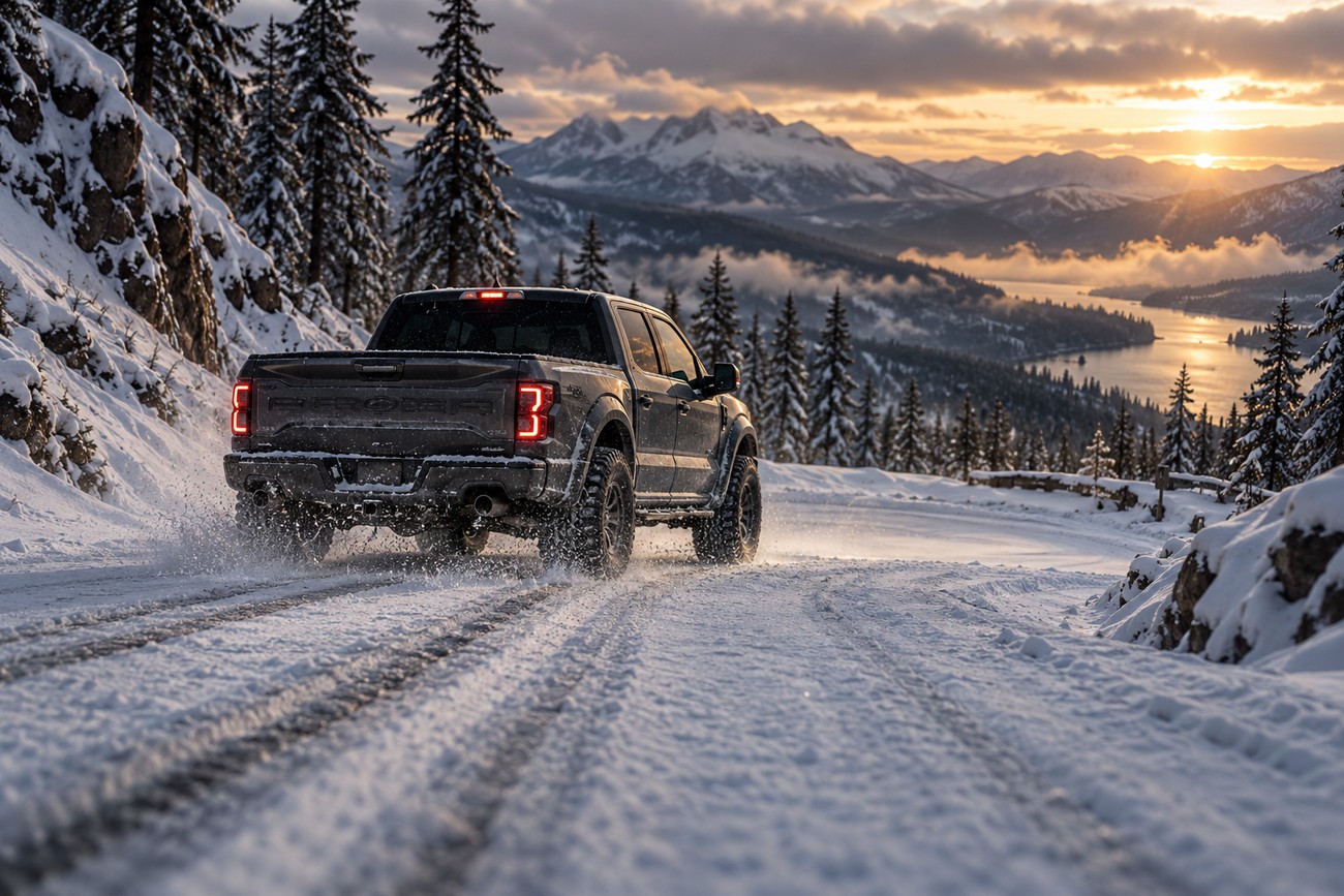 Ford F-150 Raptor driving on a snowy mountain road kicking up slush during a scenic sunset