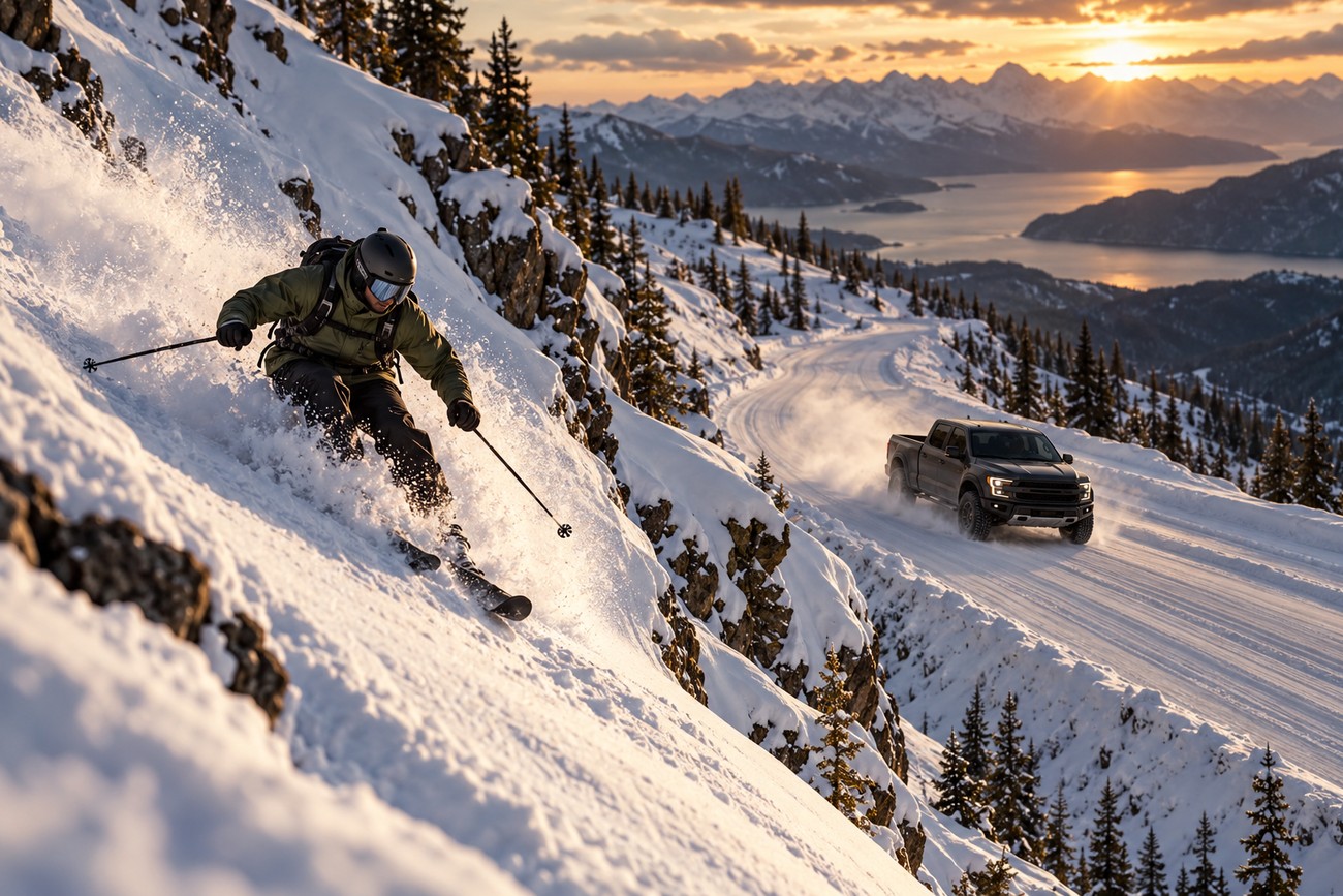 A downhill skier races down a steep snowy mountain slope alongside a Ford F-150 Raptor driving on a winding winter road at sunset