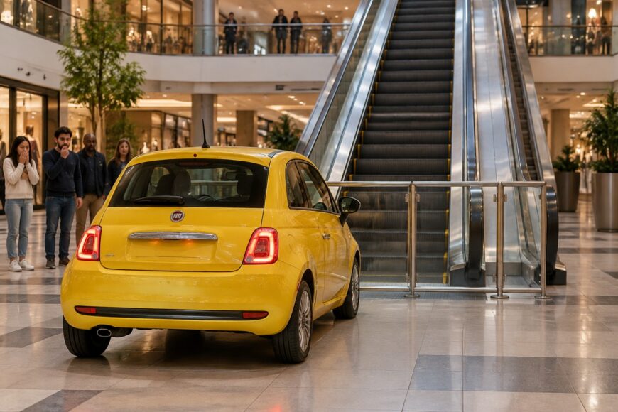 A yellow Fiat 500 parked on the tiled floor of a shopping mall facing a large escalator with people watching