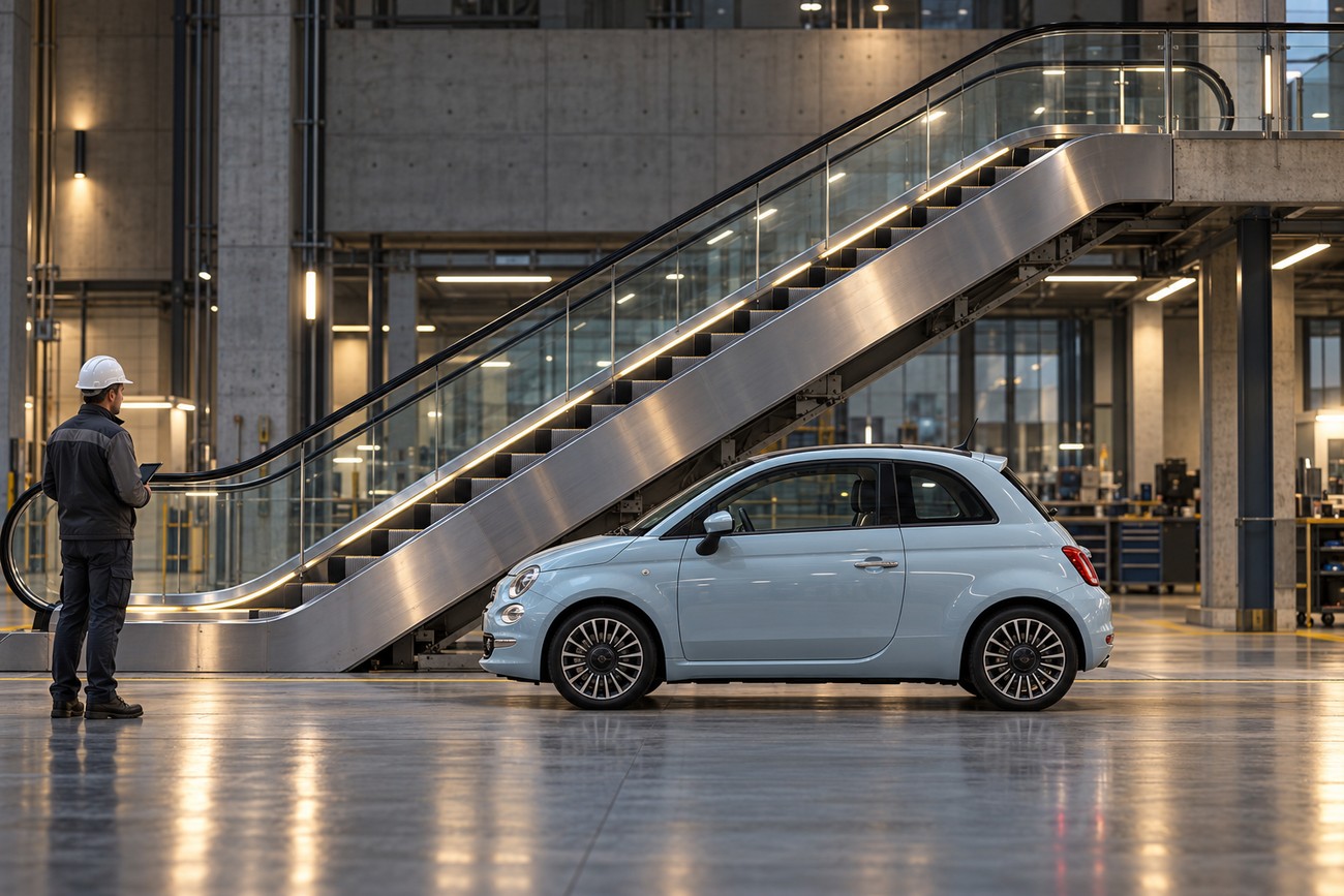 A light blue Fiat 500 parked on a concrete floor next to a large metal escalator in a modern industrial building