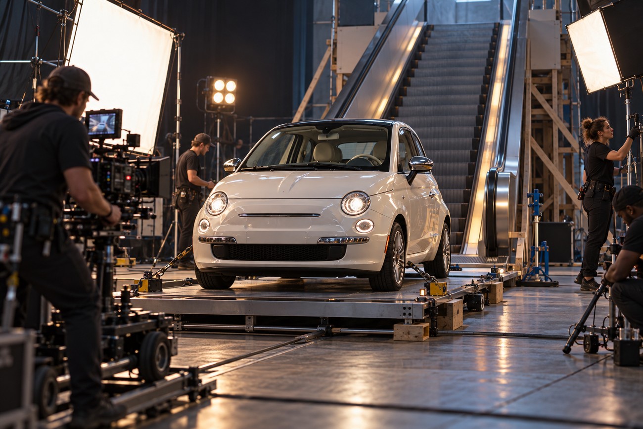 A white Fiat 500 positioned on a stage in front of an escalator with film crew and lighting equipment around