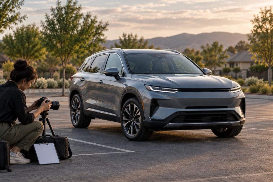 Female photographer using a camera on a tripod to shoot a grey SUV outdoors