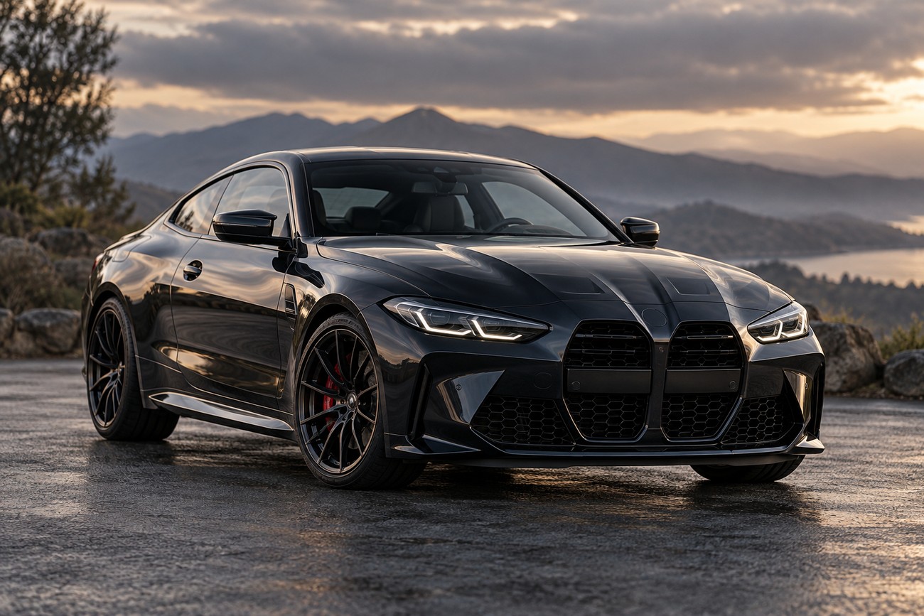 A black sports coupe parked on a scenic mountain road during sunset with soft warm lighting