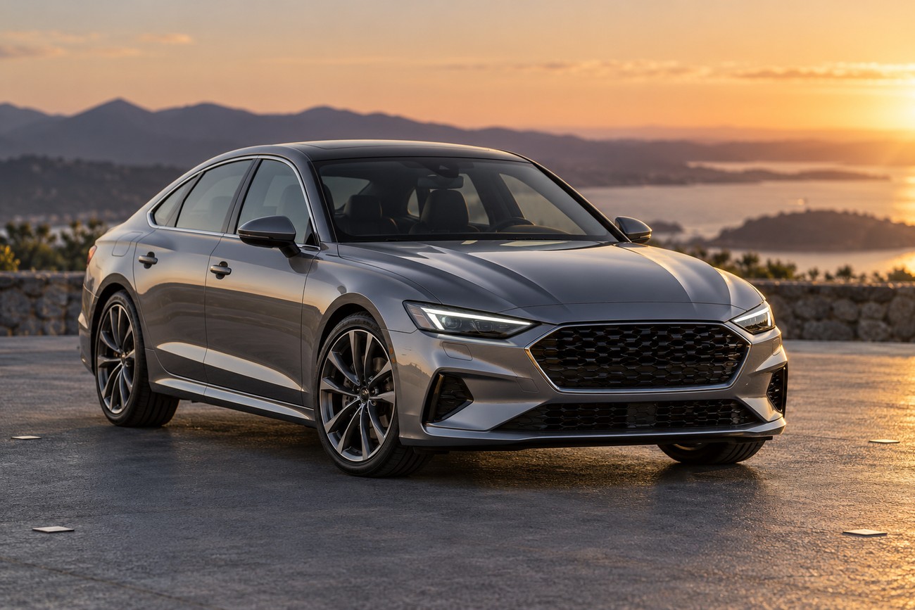 A modern gray sedan parked on an overlook during a warm golden hour sunset with hills and water in the background