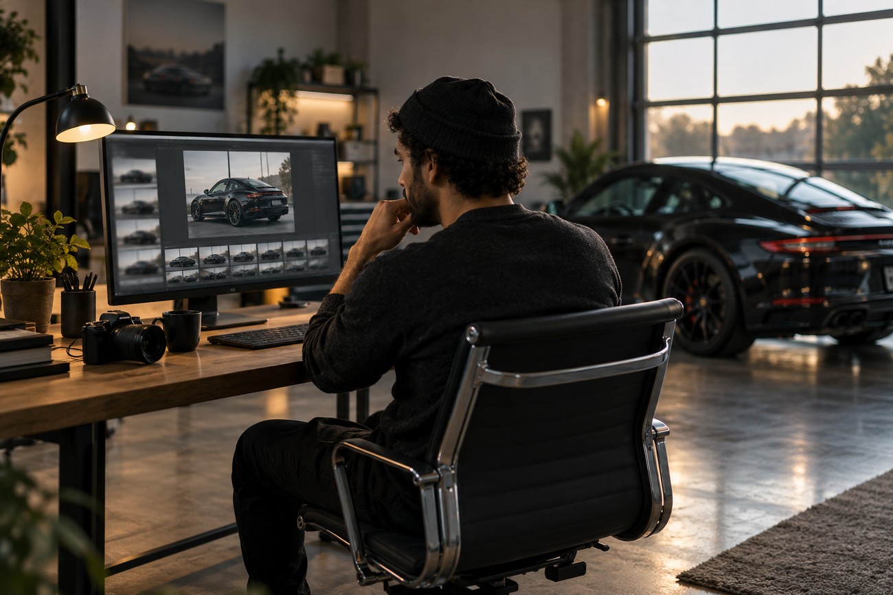 Photographer editing automotive photos on a computer monitor in a studio with a black sports car in the background