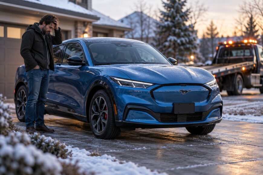 A frustrated man stands in a snowy driveway holding his head next to a blue Ford Mustang Mach-E with a tow truck parked nearby
