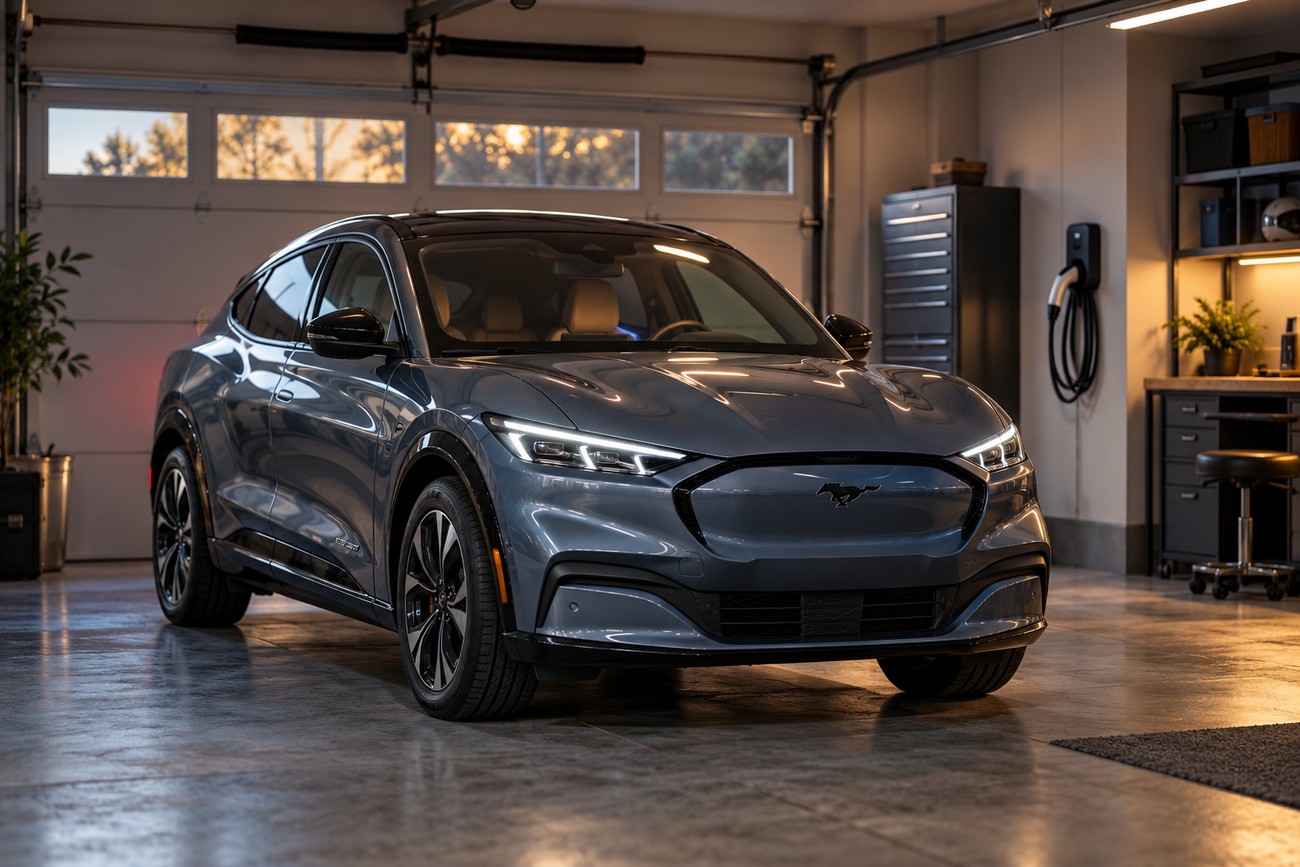 Gray Ford Mustang Mach-E electric SUV parked inside a brightly lit residential garage with an EV charging station