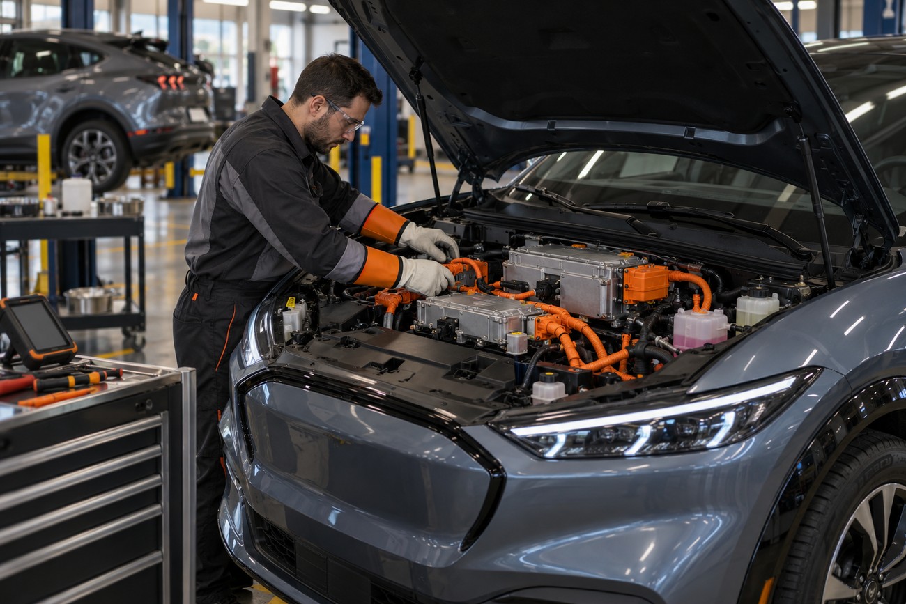 A mechanic in safety gloves working on the high voltage electric system under the hood of a gray Ford Mustang Mach-E in an auto repair shop