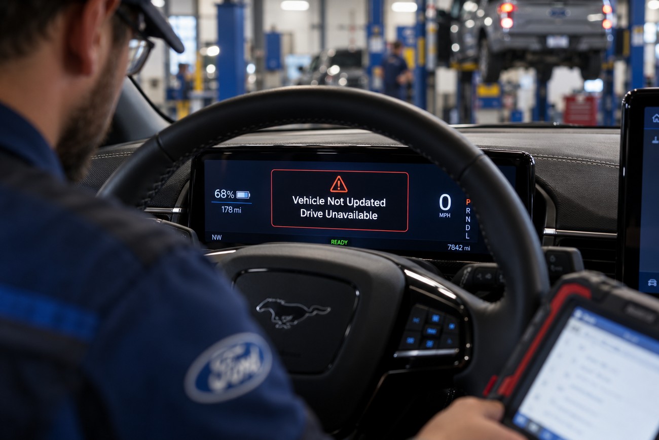 A Ford technician sits in the driver seat of a Mustang Mach-E showing an update error on the digital dashboard
