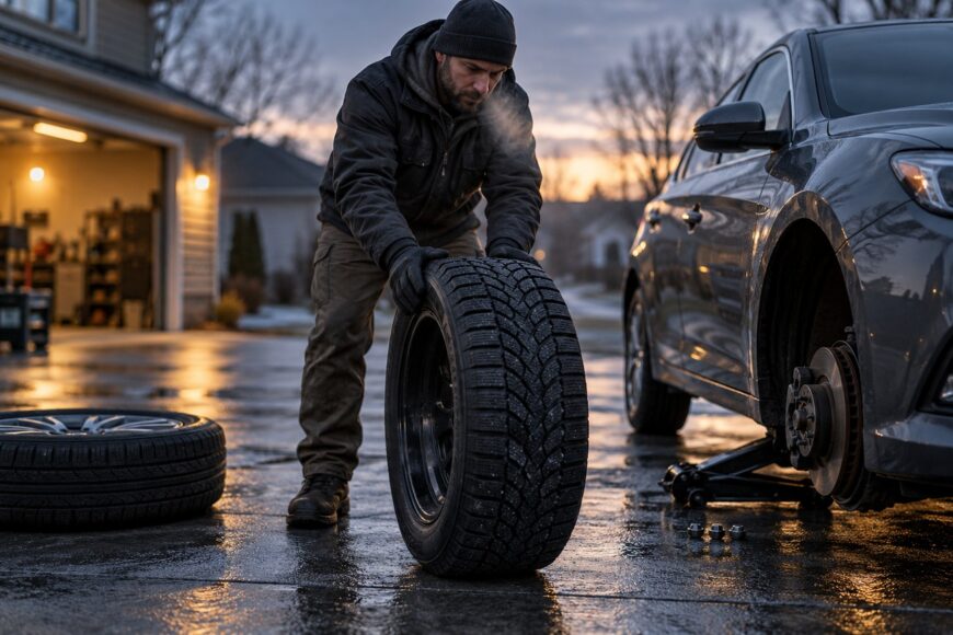 A man in warm clothing rolling a winter tire toward a car parked in a driveway at dusk