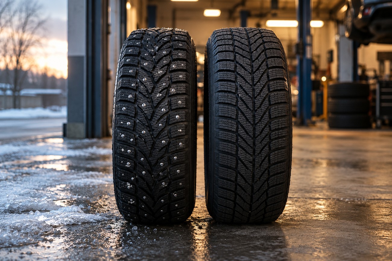 Two winter tires with different tread patterns standing on a wet garage floor with snow outside
