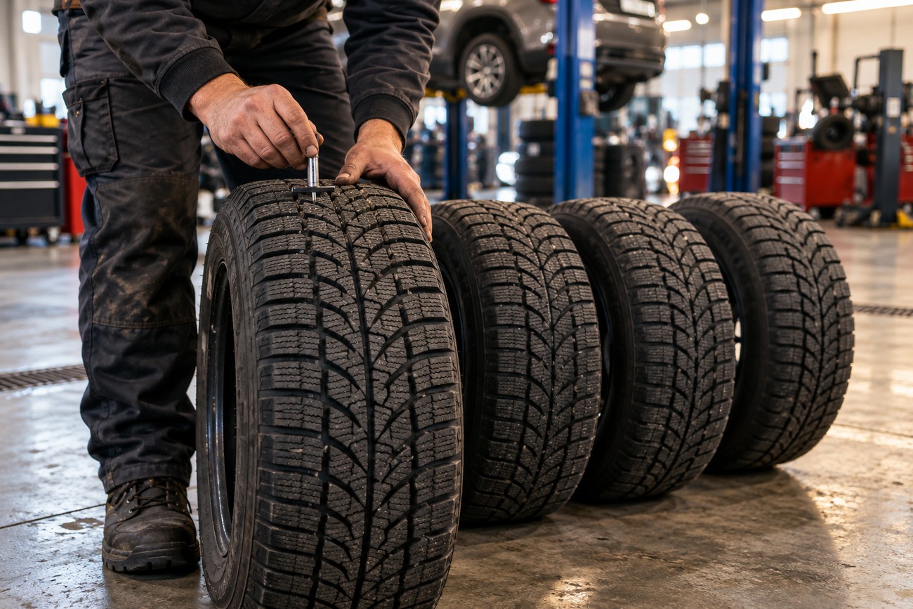 A mechanic in an auto repair shop measures the tread depth of a winter tire with a gauge