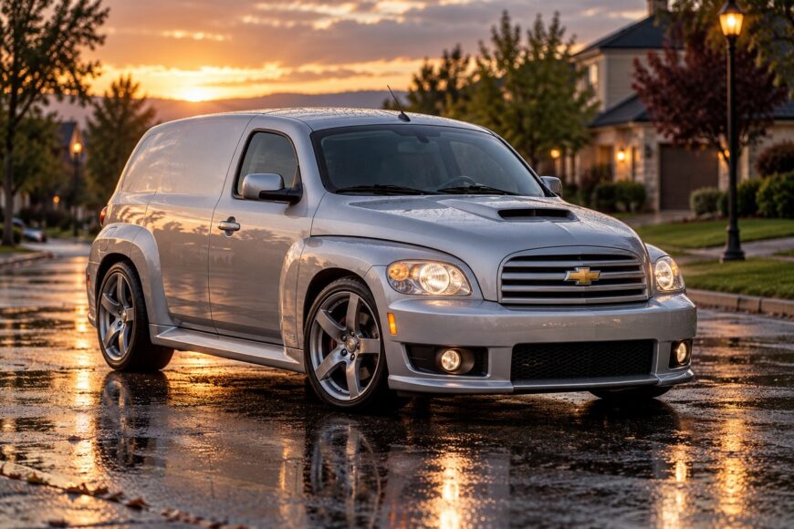Silver Chevrolet HHR SS Turbo Panel Van parked on a wet suburban street during sunset with reflections on the asphalt