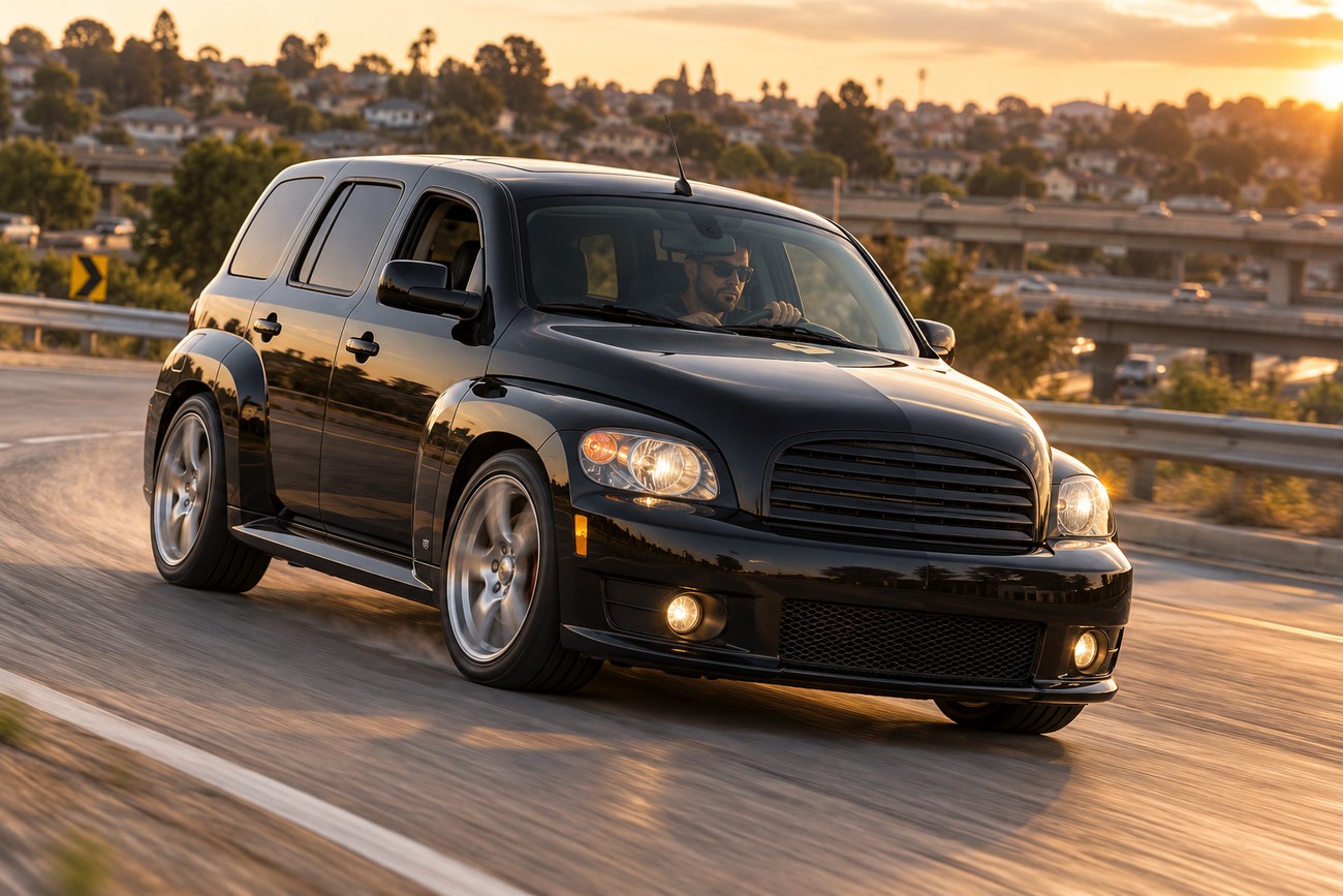 A black Chevrolet HHR SS turbo panel van driving on a winding highway during sunset