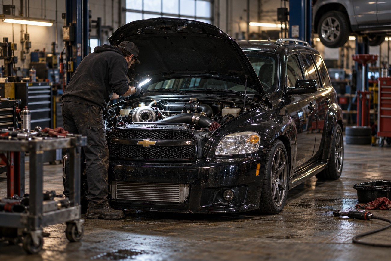 A mechanic with a work light inspecting the turbo engine of a black Chevrolet HHR SS panel van in a workshop