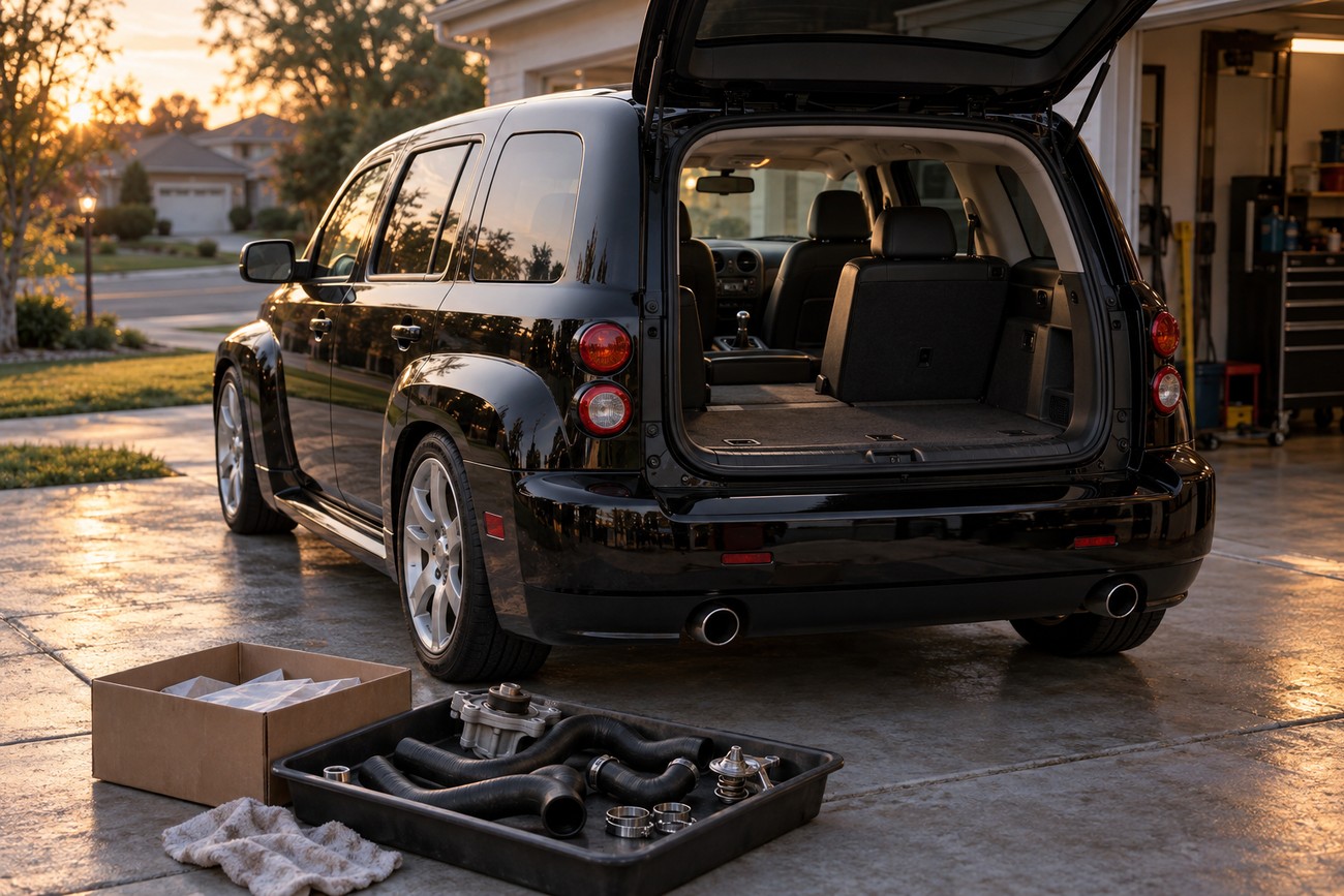 Black Chevrolet HHR SS turbo panel van parked in a driveway with open tailgate and automotive parts nearby