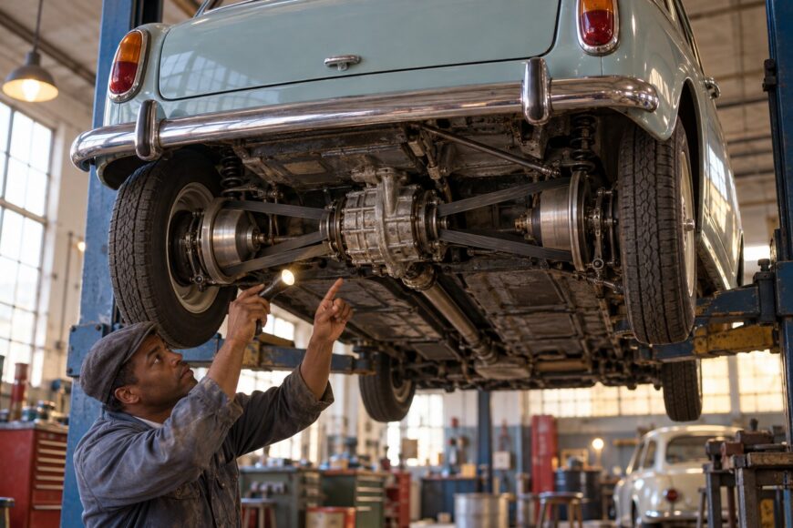 Mechanic with a flashlight inspecting the rubber belt transmission under a classic DAF 600 car on a lift