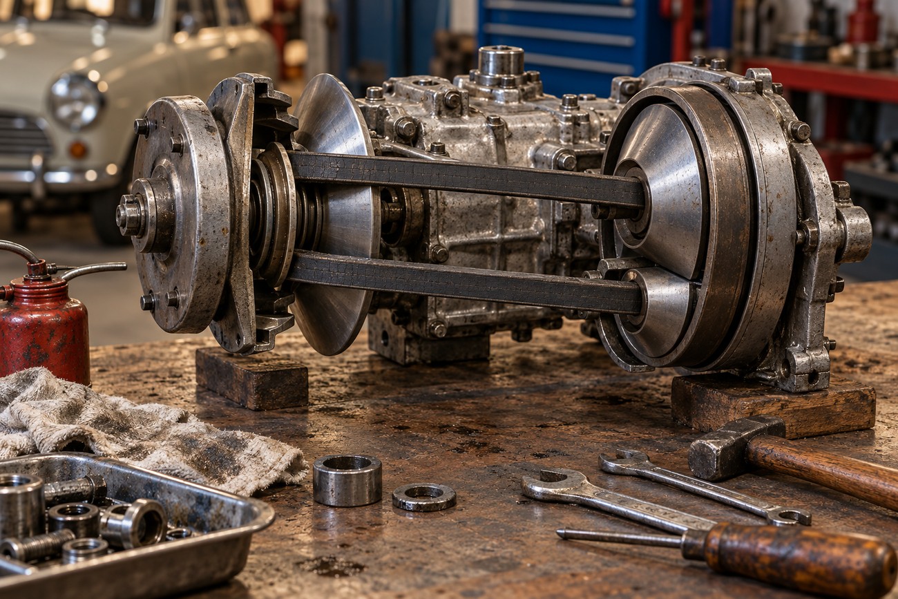 A vintage DAF 600 Variomatic transmission with rubber drive belts positioned on a workshop workbench surrounded by automotive tools