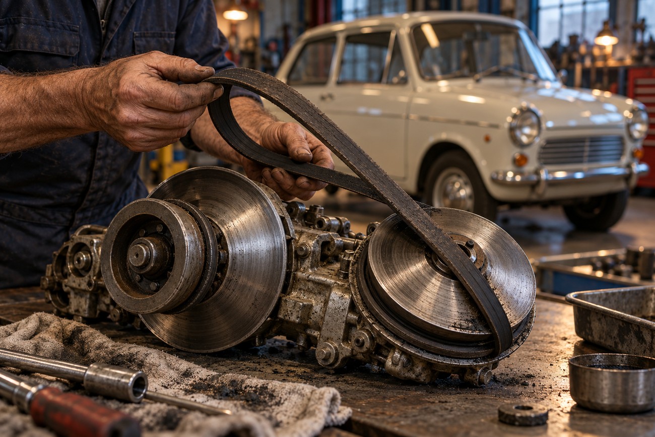 A mechanic holding a rubber drive belt over the disassembled Variomatic transmission of a DAF 600 in a workshop
