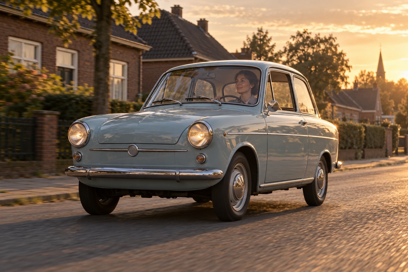 A vintage light blue DAF 600 classic car driving down a residential street at sunset with a female driver inside