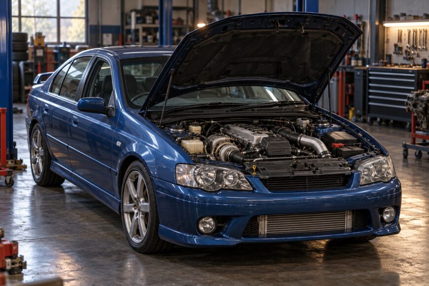 Blue Ford Falcon XR6 Turbo with open hood parked in a professional garage revealing its turbocharged Barra engine