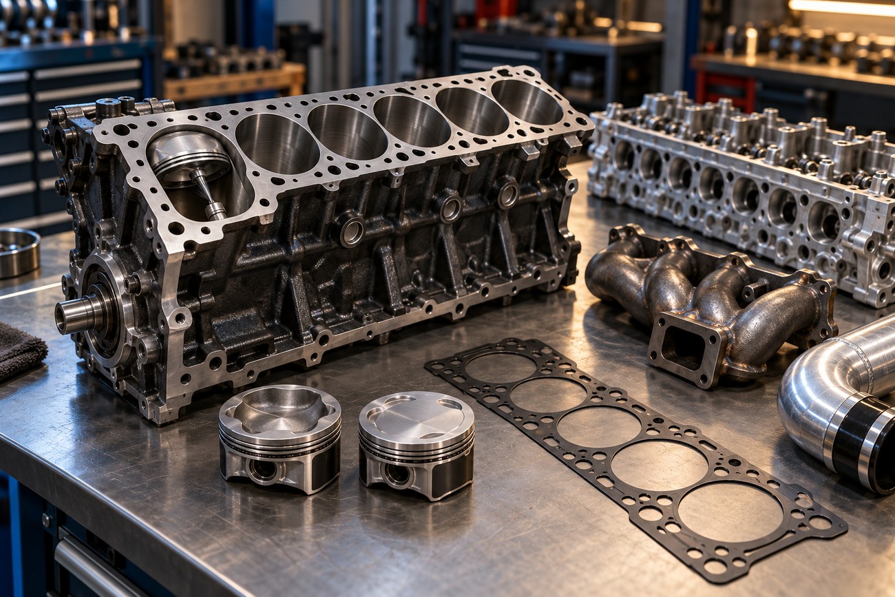 Disassembled Ford Barra engine block with pistons and cylinder head arranged on a metal workbench in a workshop