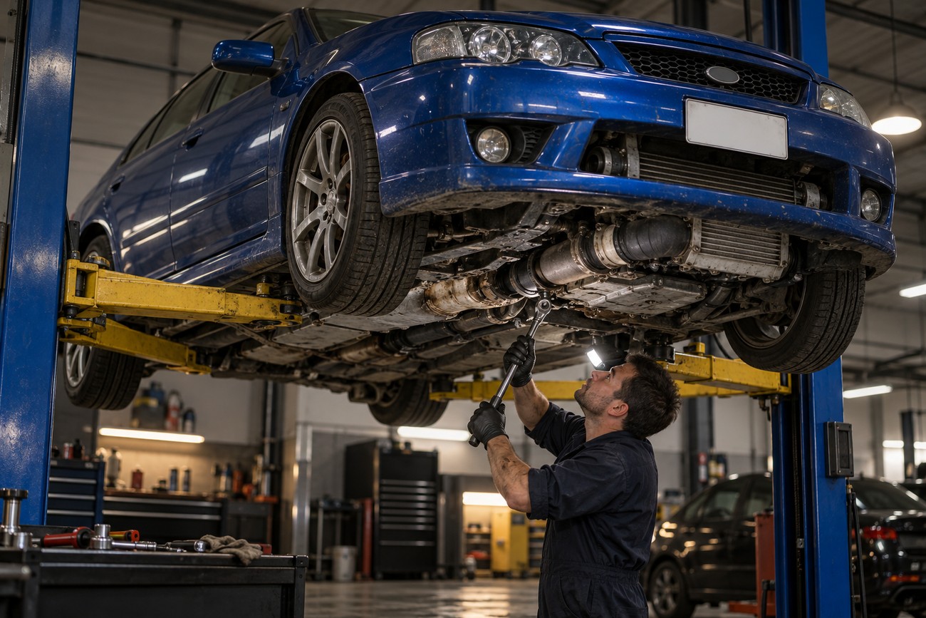 Mechanic using a wrench to repair the underbody of a blue Ford Falcon XR6 Turbo lifted in a garage