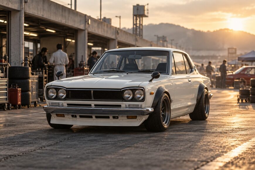 Classic white Hakosuka Nissan Skyline GT-R parked on the asphalt in a race track paddock at sunset with pit garages and crew members in the background