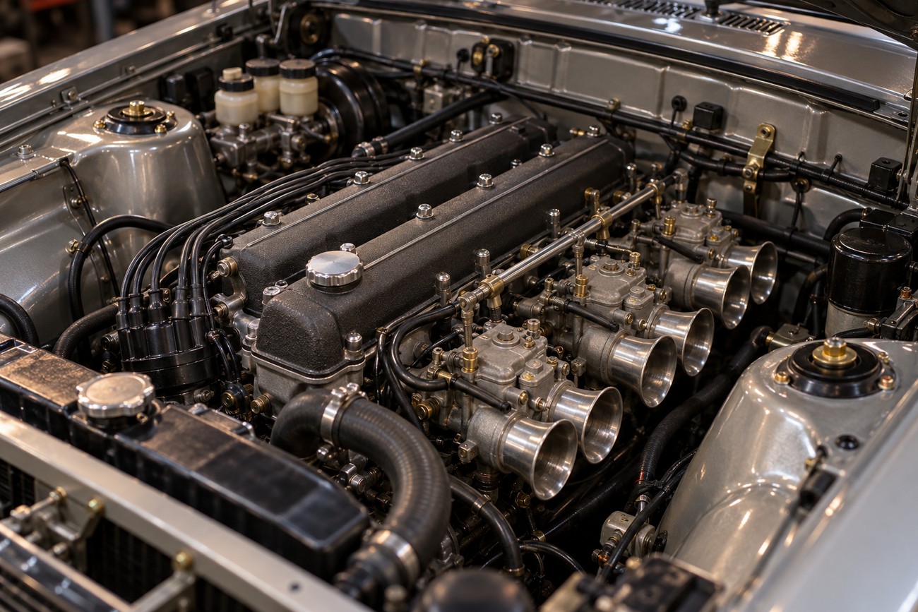 A detailed close-up shot of a classic Nissan Skyline Hakosuka GT-R engine bay featuring the pristine S20 inline-six engine with velocity stacks