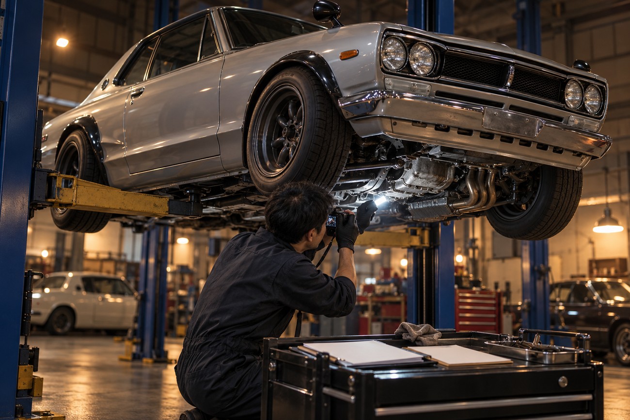 Mechanic in black overalls inspecting the undercarriage of a silver Hakosuka GT-R raised on a hydraulic lift inside a garage