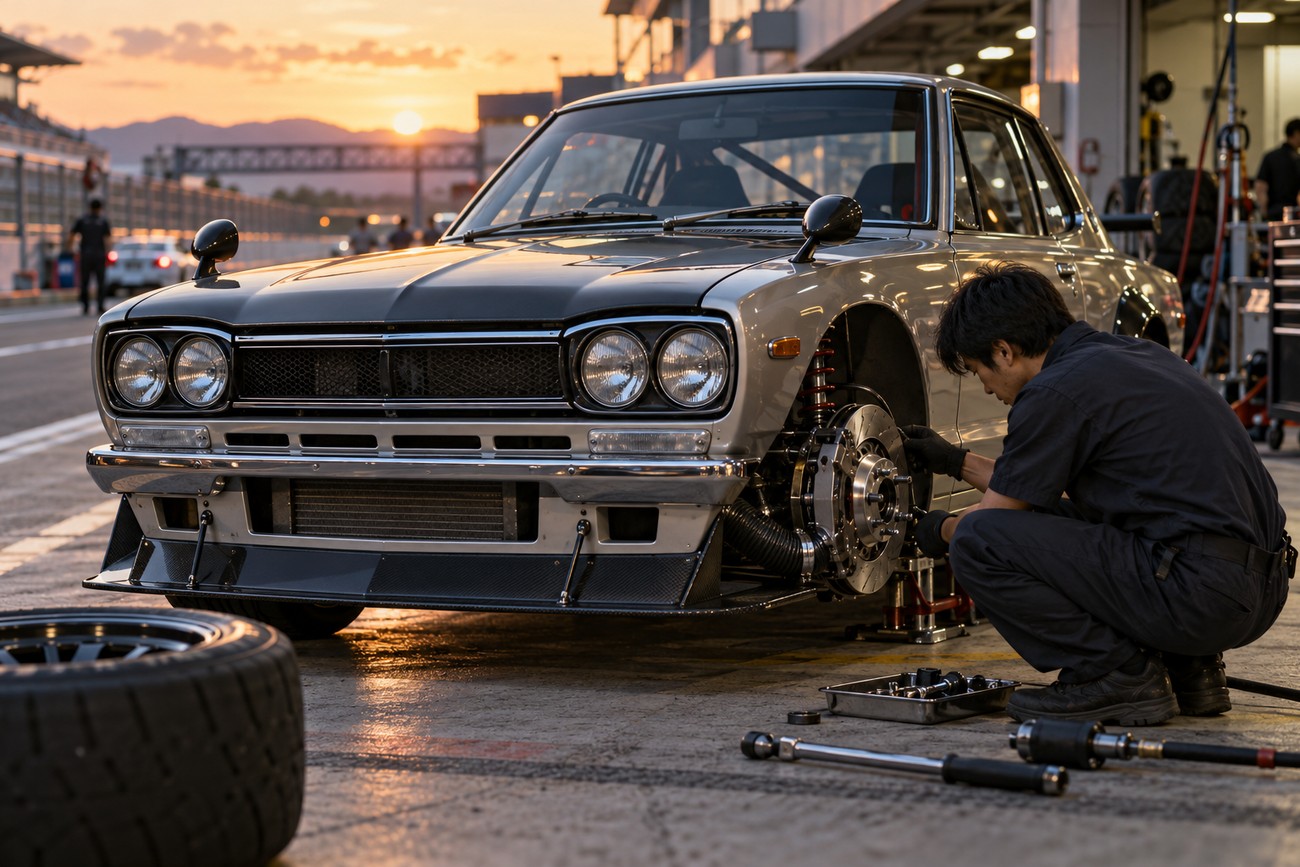 A mechanic in black overalls works on the front wheel assembly of a silver Hakosuka GT-R race car parked in a trackside paddock at sunset