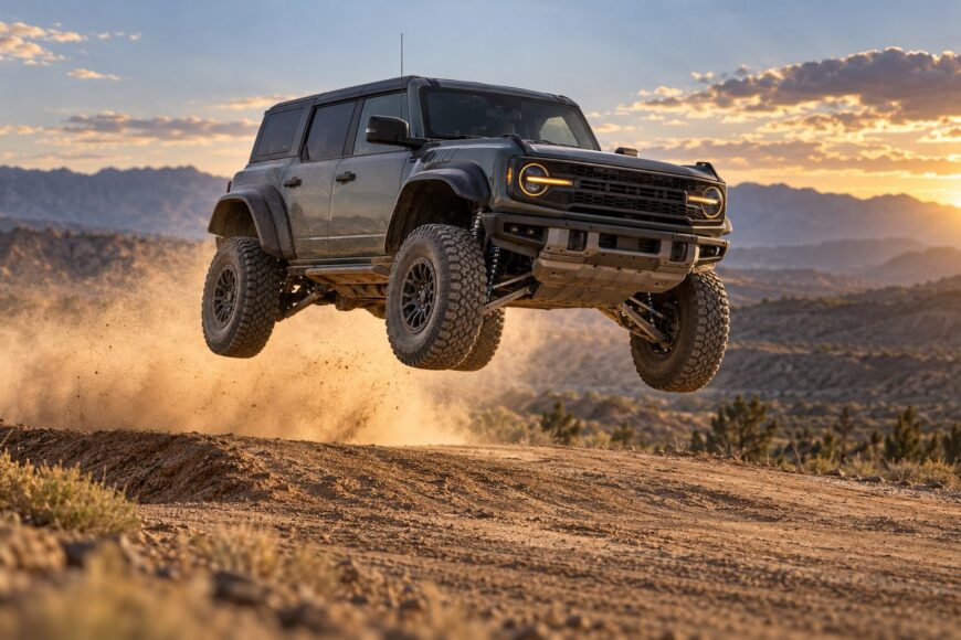 A dark green Ford Bronco Raptor soaring through the air after jumping off a dirt ramp in a desert landscape